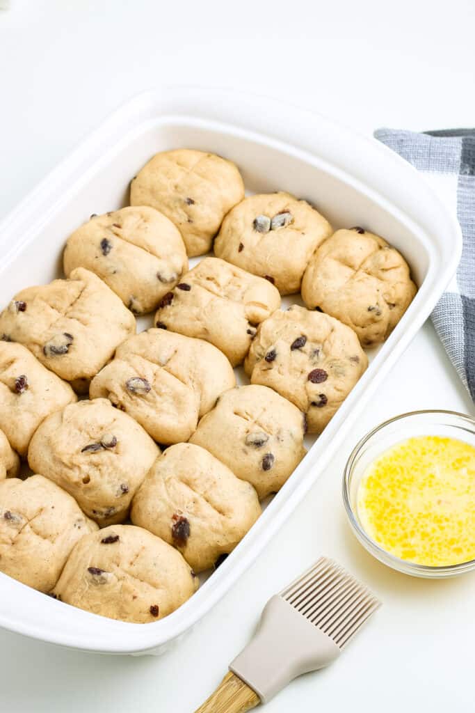 Pan of baked hot cross buns