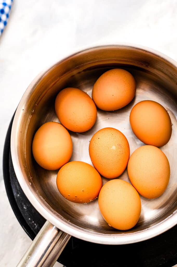 Overhead image with saucepan full of water and brown eggs