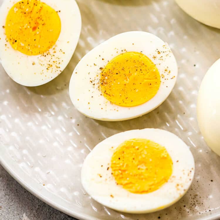 Hard Boiled Eggs cut in half Square cropped image