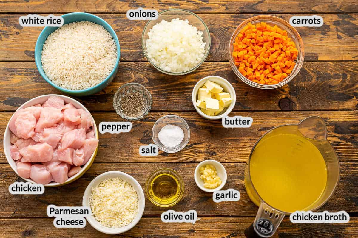 Overhead image of Instant Pot Chicken and Rice Ingredients in bowls