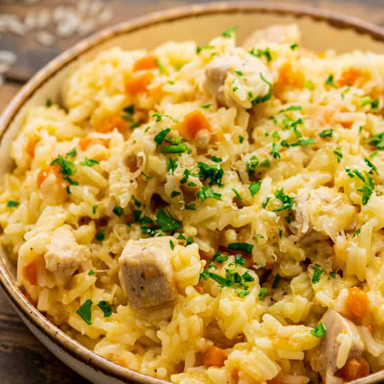 Bowl of Chicken and Rice with carrots topped with chopped parsley