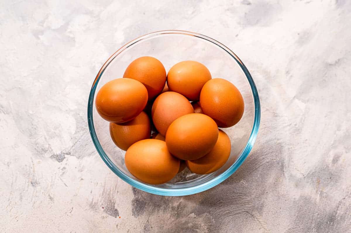 Brown eggs in a glass bowl