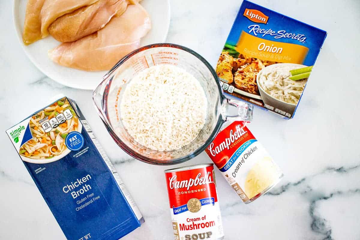 Overhead Image of No Peek Chicken and Rice Ingredients