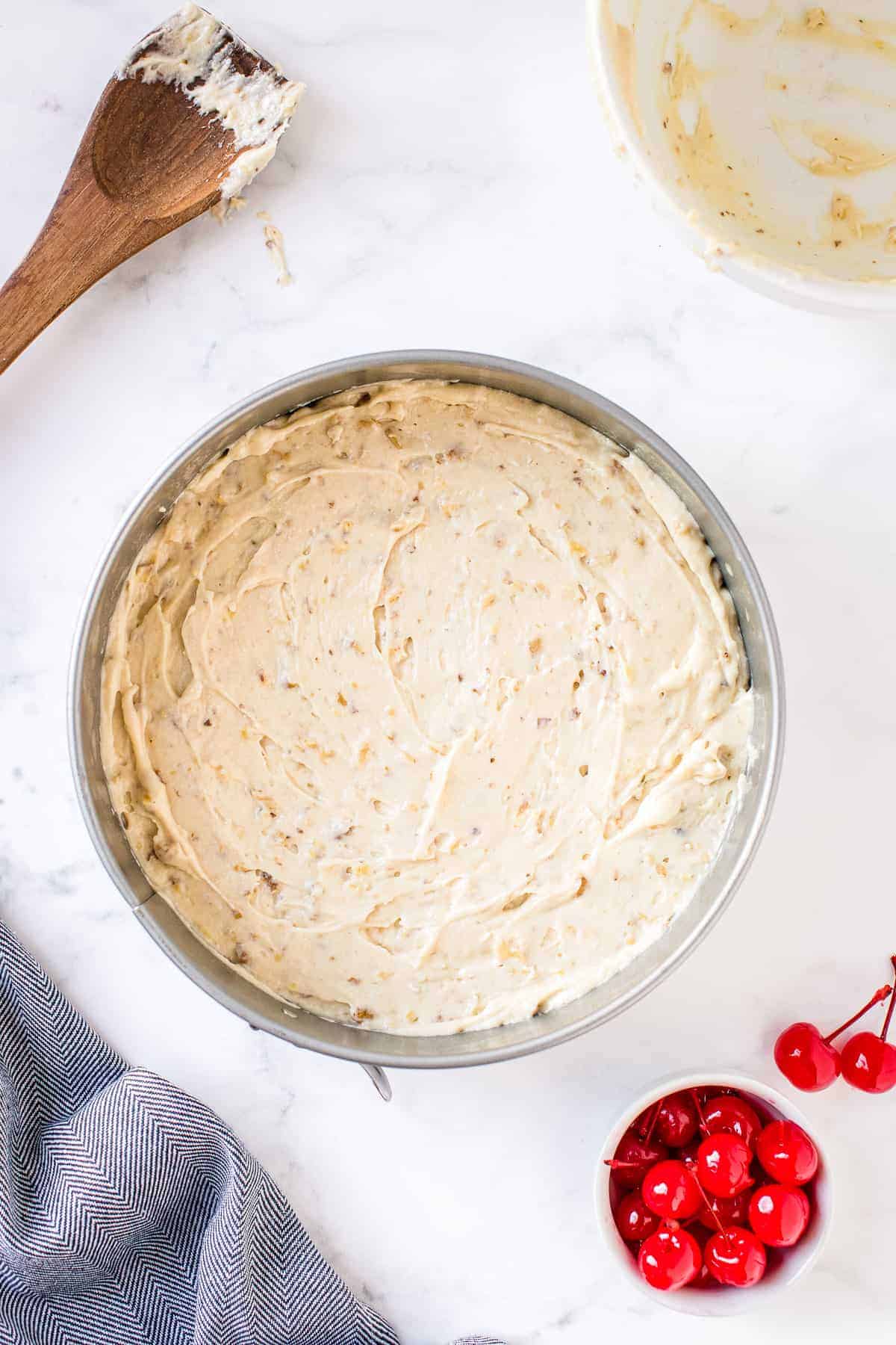 Batter for pineapple upside down cake in round cake pan