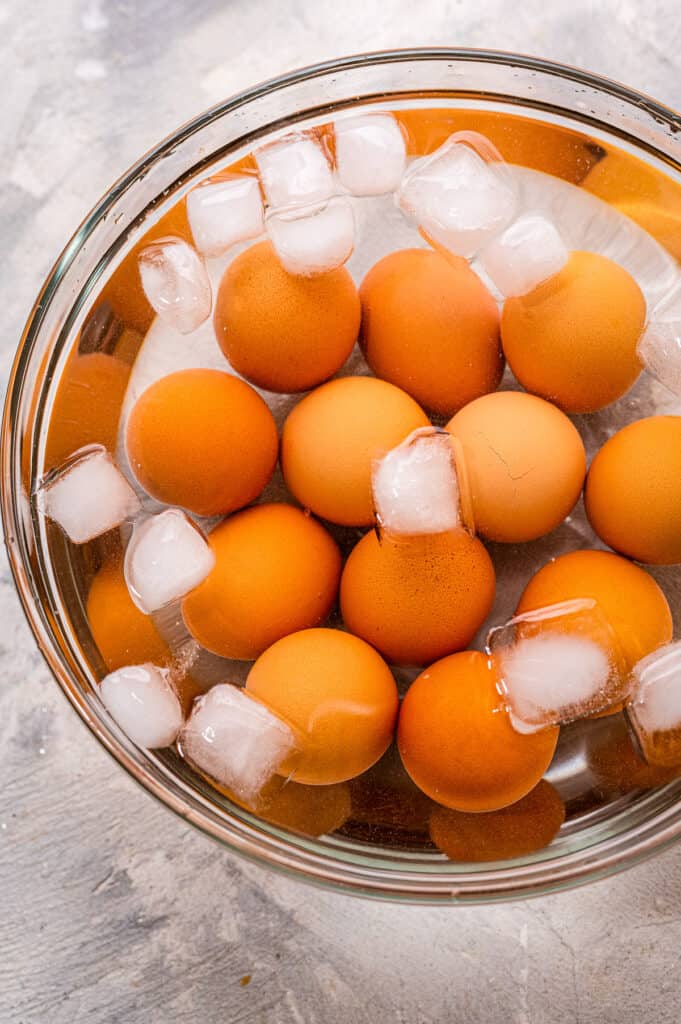 Hard boiled eggs in ice bath