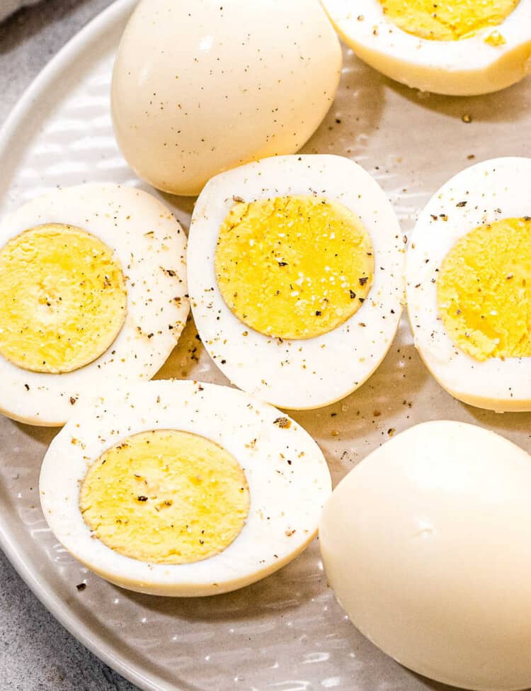 Pressure Cooker Hard Boiled Eggs on plate Square cropped image