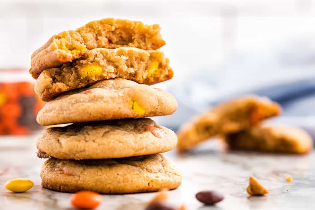 Stack of Peanut Butter Cookies with Reese's Pieces