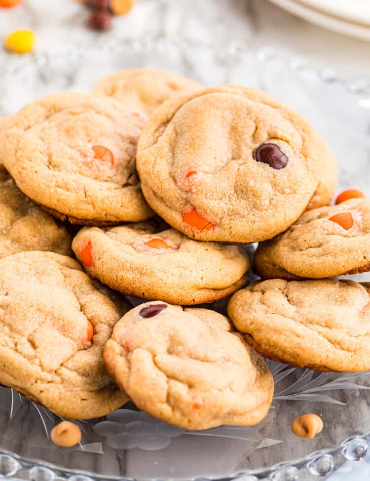 Reese's Pieces Peanut Butter Cookies on a glass platter