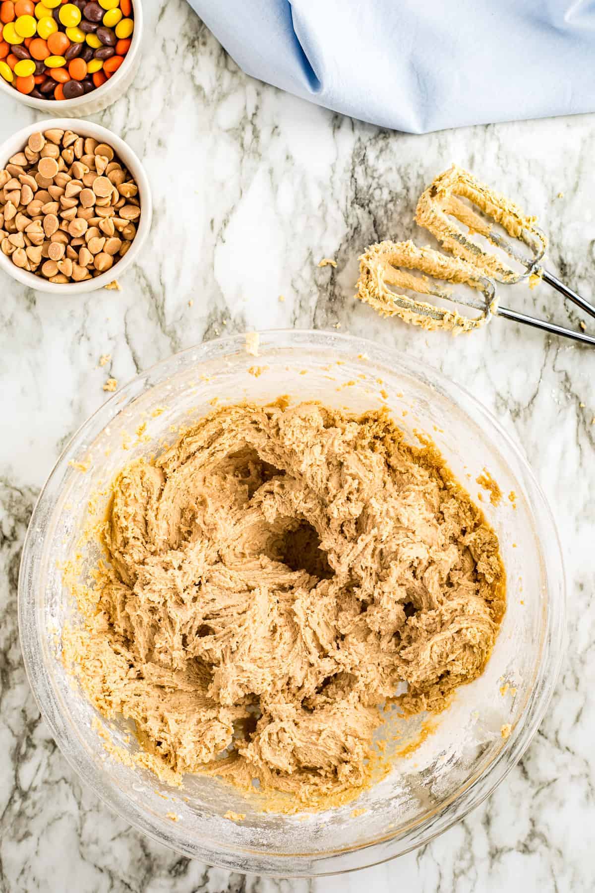 Mixed Peanut Butter Cookie Dough in glass bowl