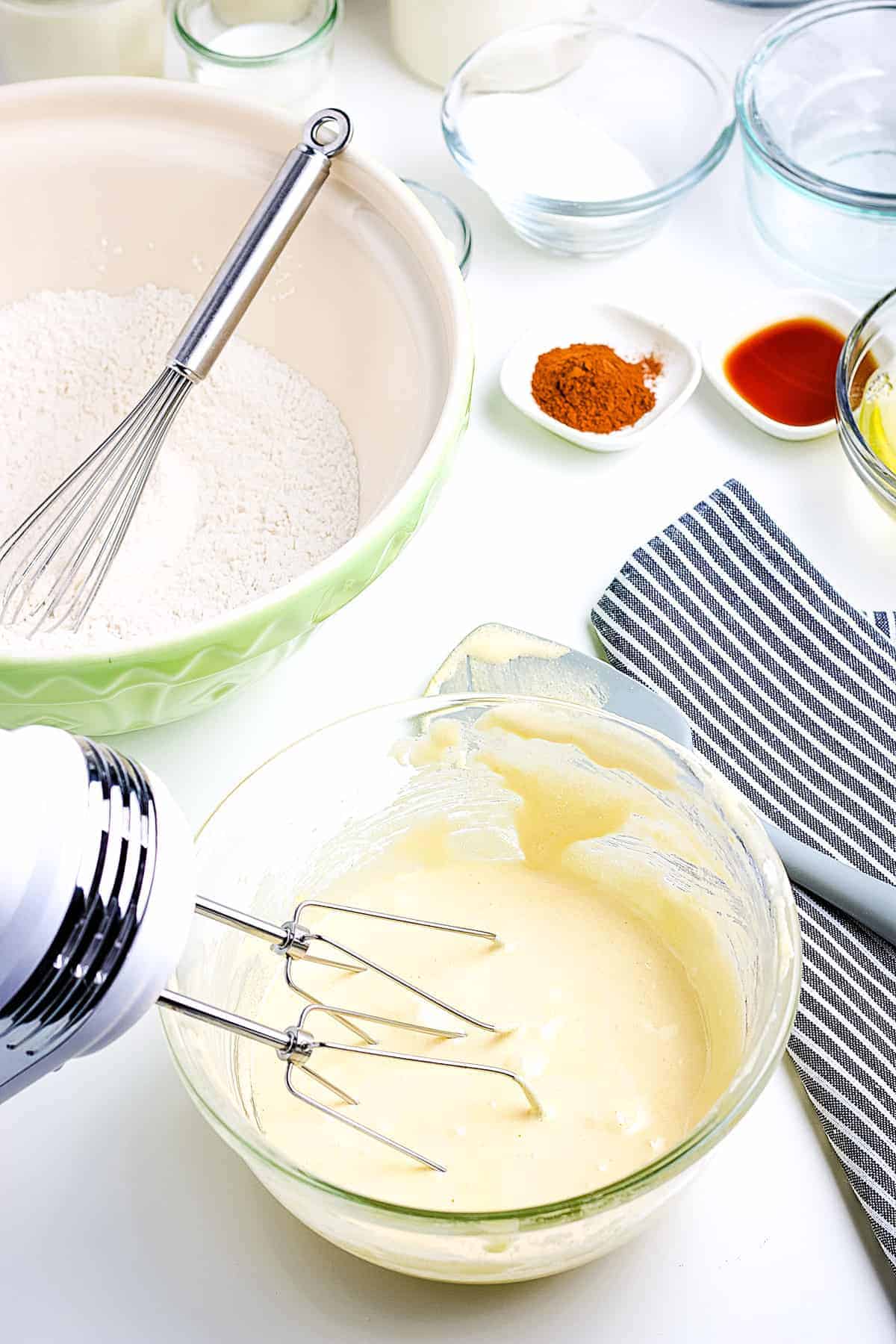 Glass bowl with eggs and sugar mixed