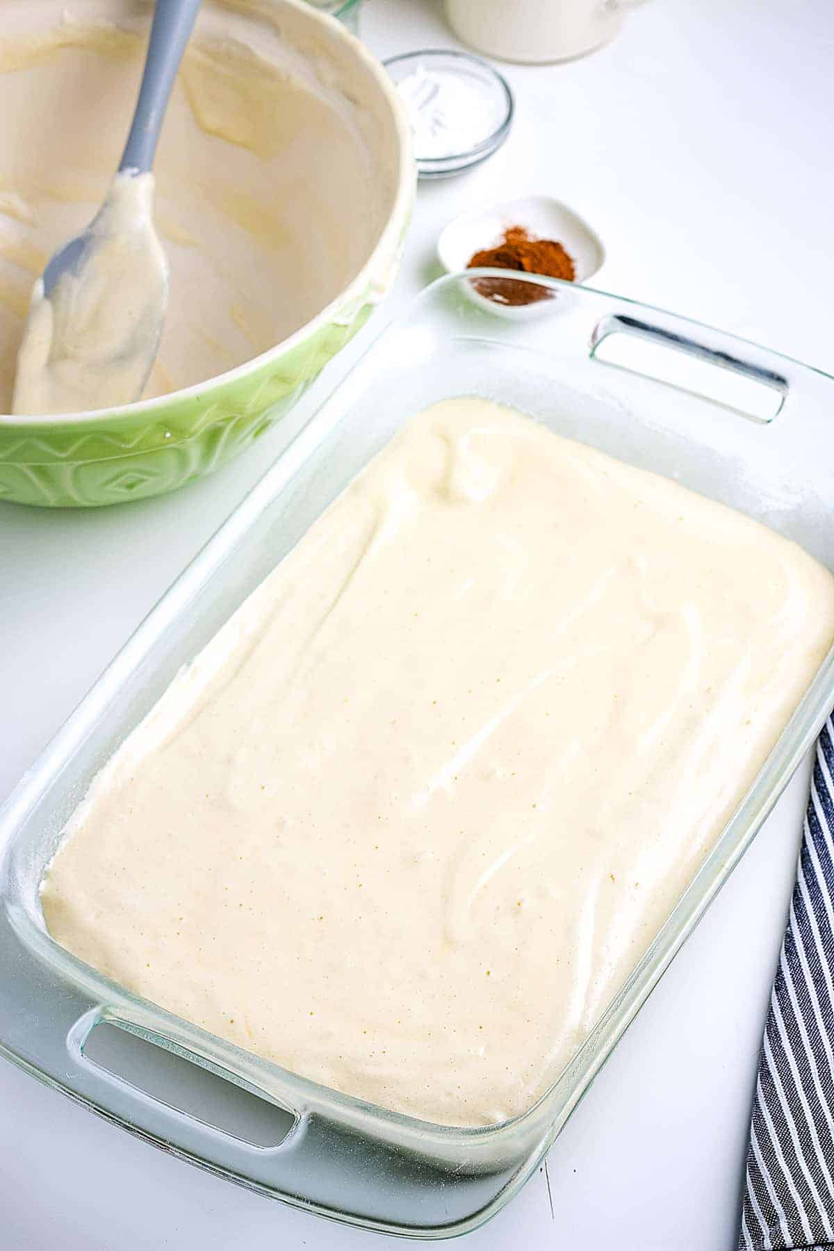 Batter in glass baking pan