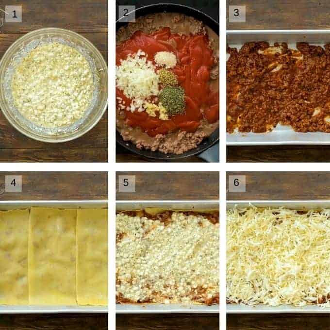 Image showings steps to prepare lasagna