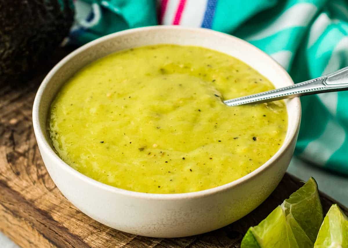 White bowl with Creamy Roasted Avocado Salsa