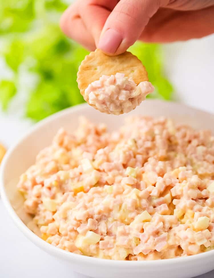 Cracker dipping into a bowl of ham salad