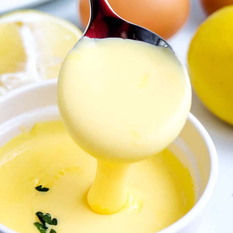 Hollandaise Sauce on spoon Square crop