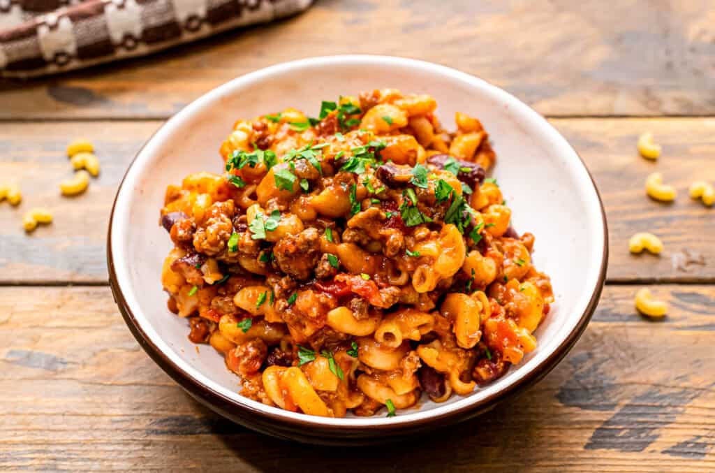 Plate of Chili Mac topped with parsley