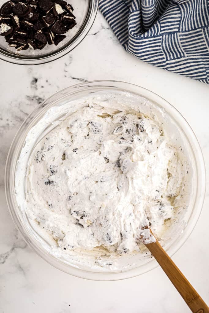 Overhead Image of glass bowl with Oreo pudding mixed