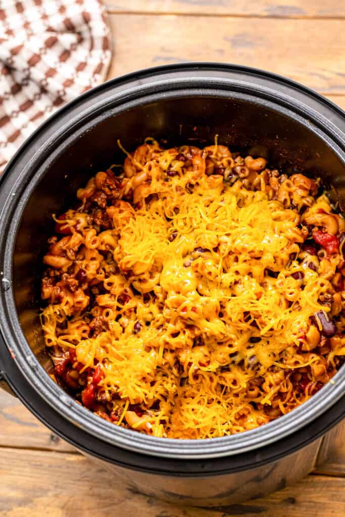Chili Mac with cheese on top in pressure cooker