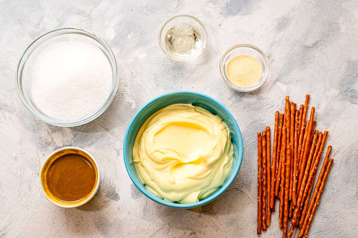 Overhead image of Honey Mustard Pretzel Dip Ingredients