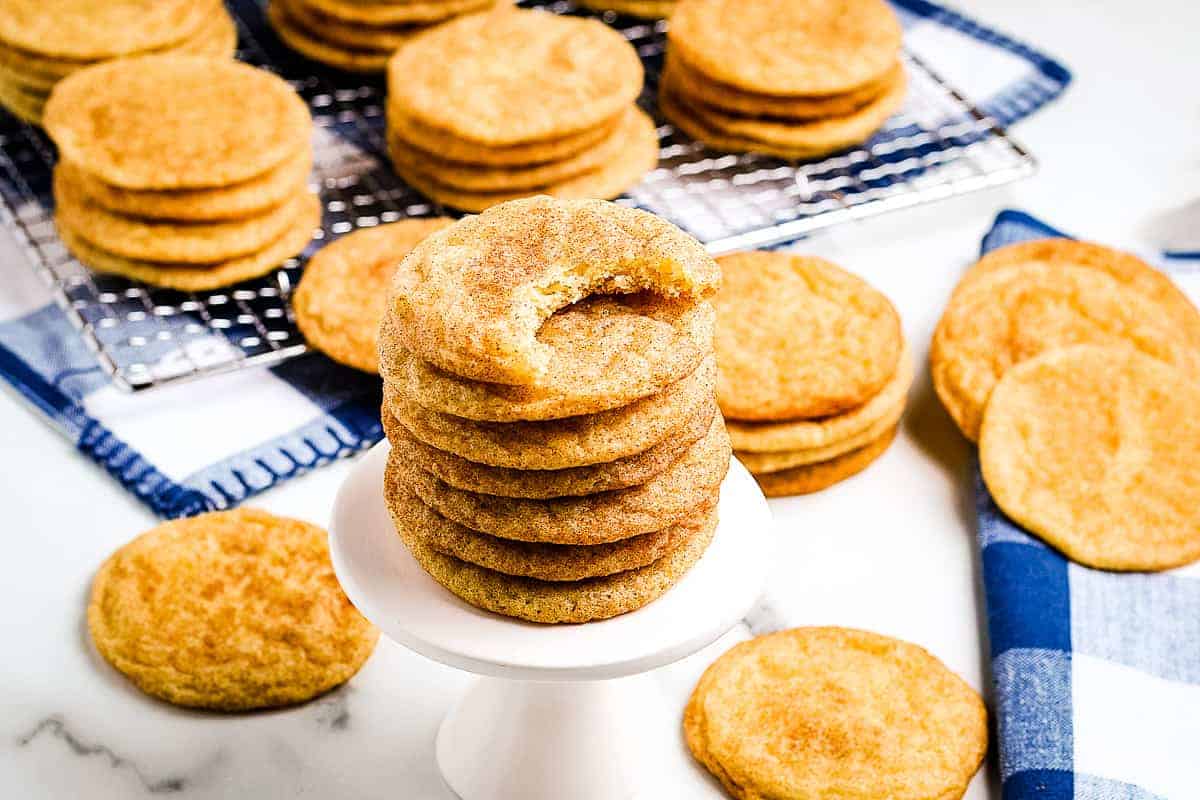 Snickerdoodle cookies on a white mini cake stand