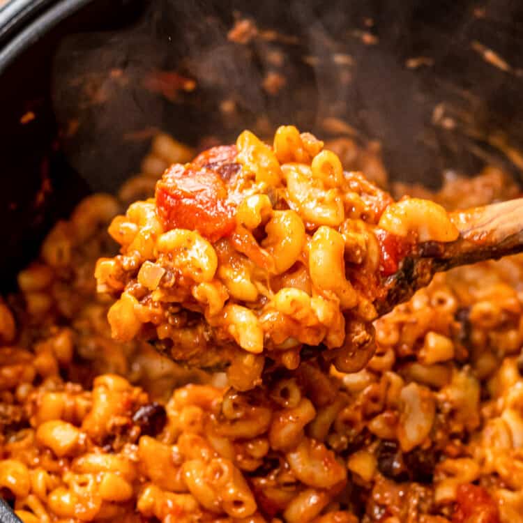 Spoon of chili mac over an Instant Pot