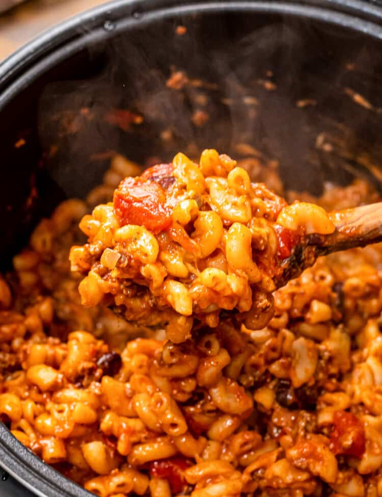 Spoon of chili mac over an Instant Pot