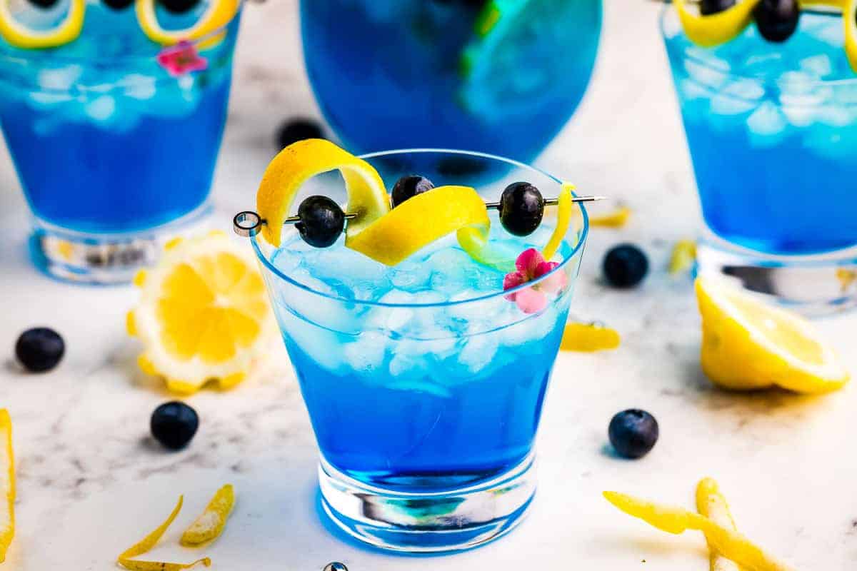 Ocean Breeze Cocktail in small glass garnish with lemon peel and blueberries