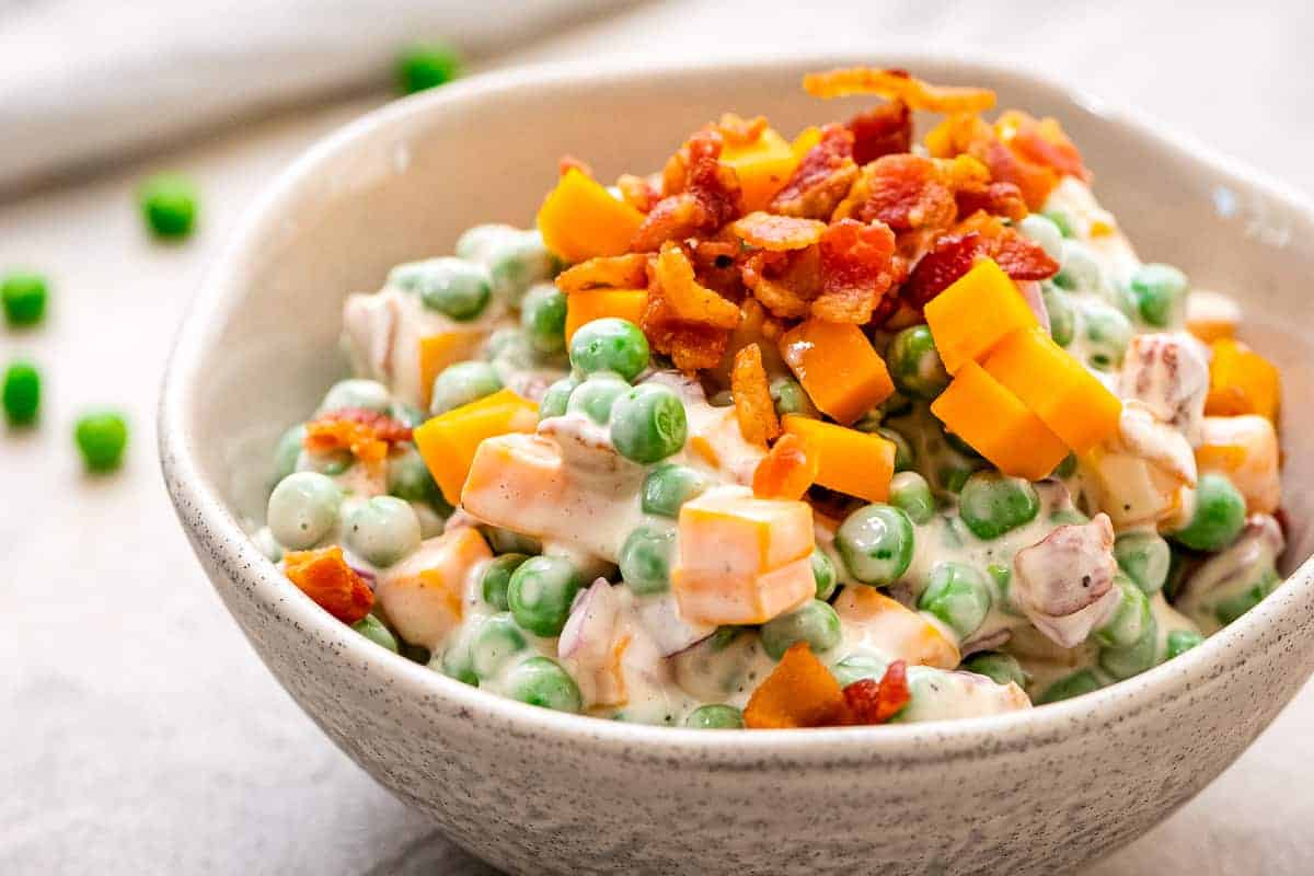 Pea Salad in a light colored bowl