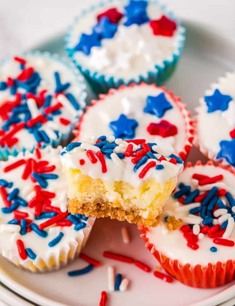 Red White and Blue Mini Cheesecakes stacked on white plate