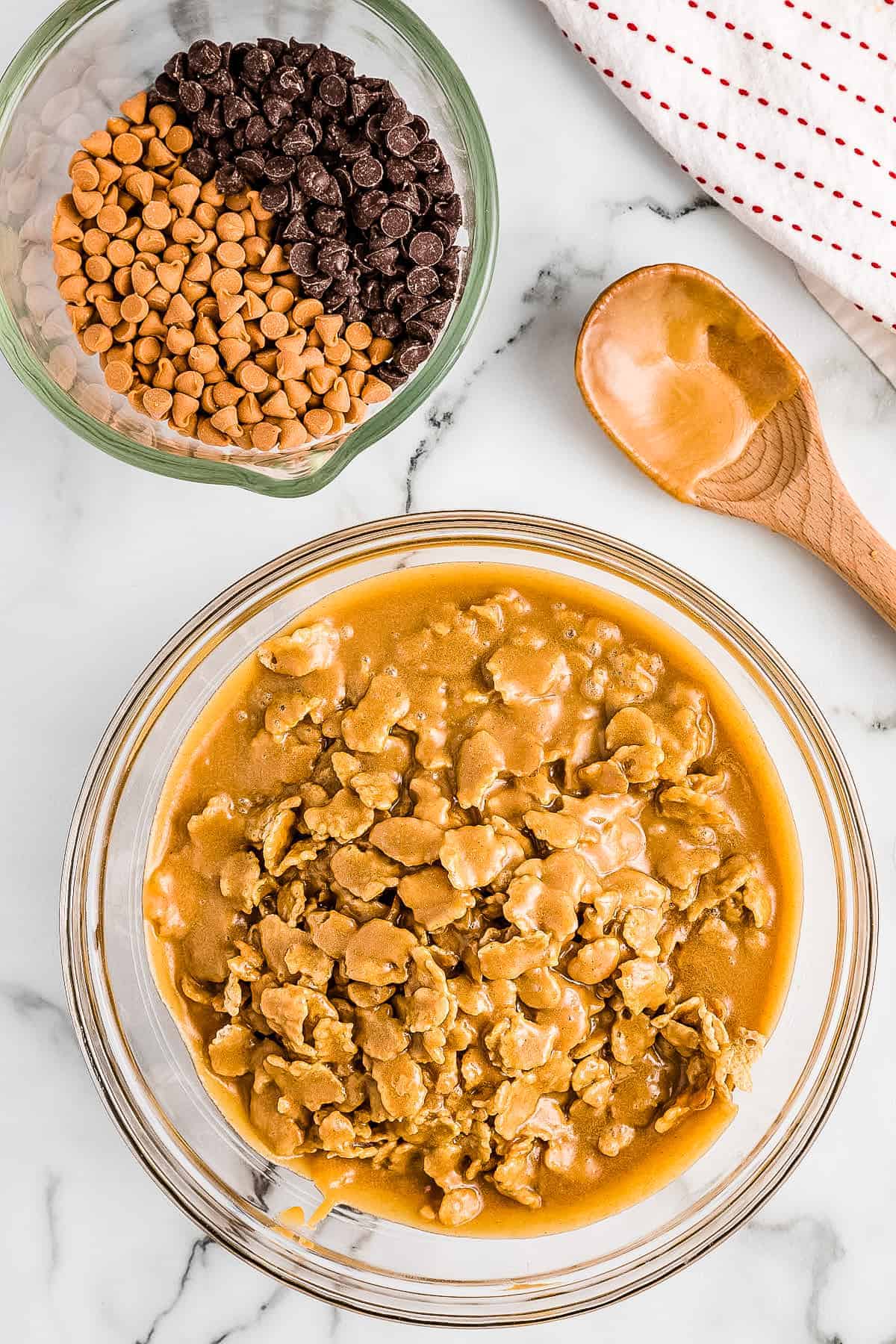 The peanut butter cereal mixture for special k bars in bowl before mixing