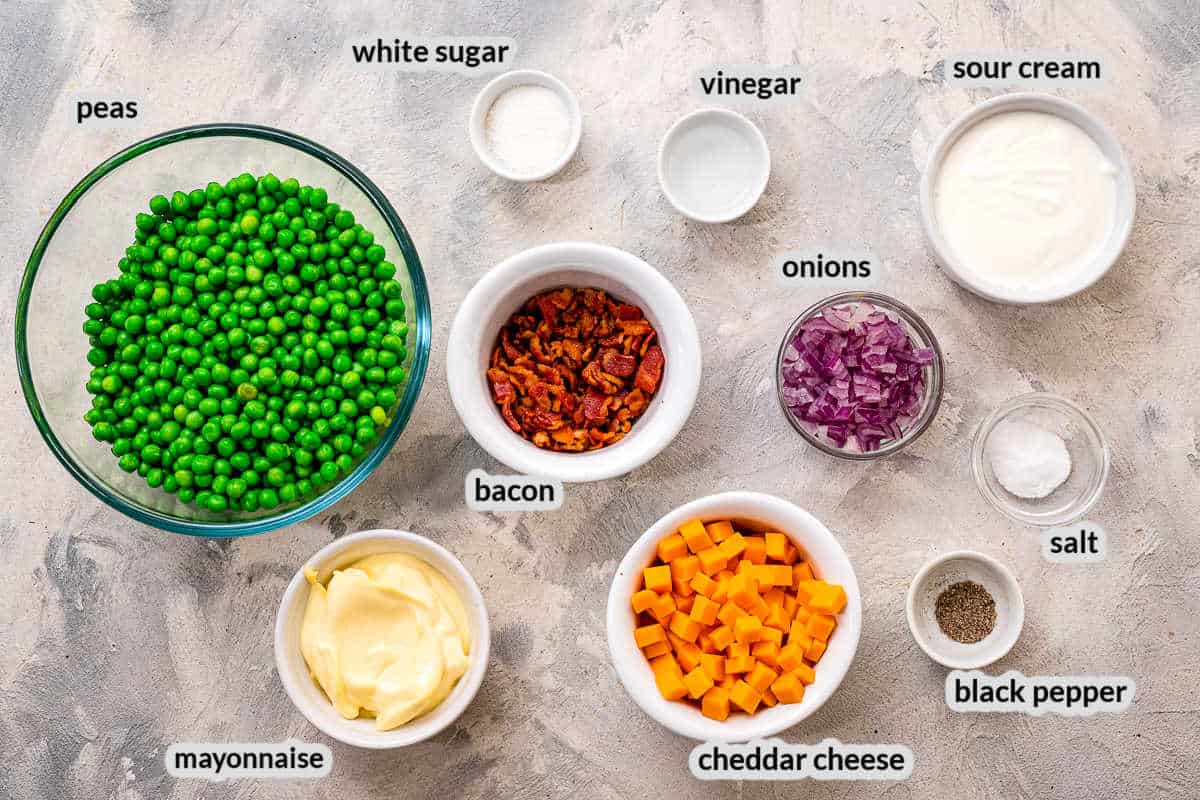 Overhead image of pea salad Ingredients in bowls