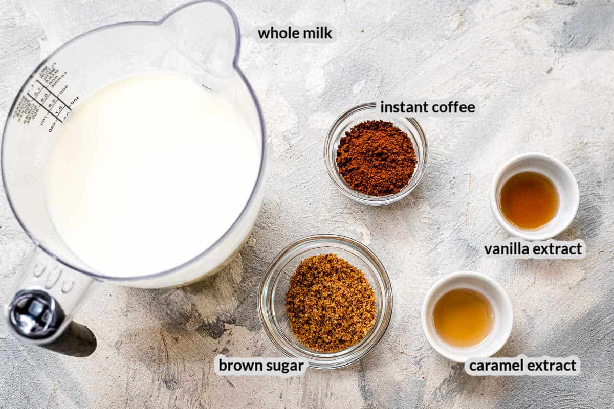 Overhead Image of caramel latte ingredients