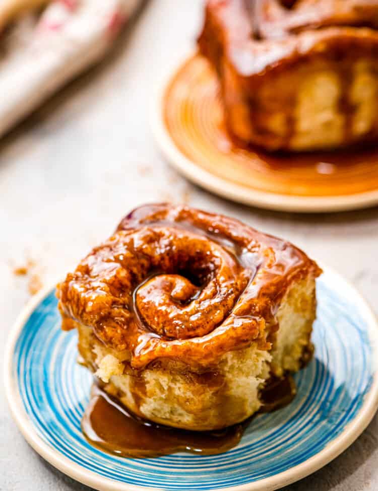 Caramel Roll on small blue plate