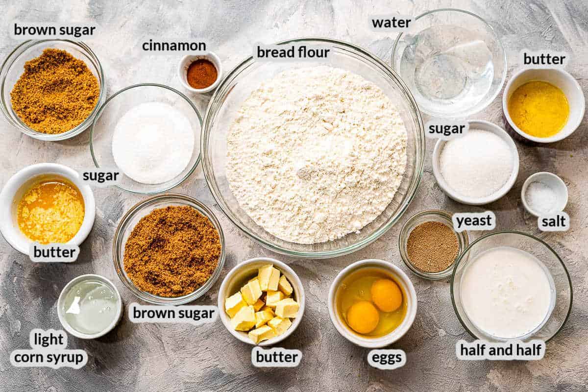 Overhead image of Caramel Rolls Ingredients with label