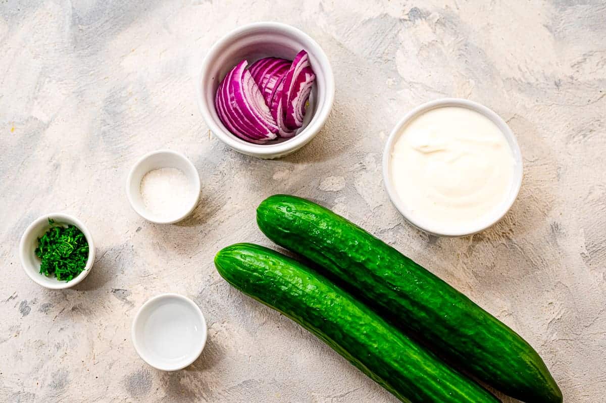 Overhead Creamy Cucumber Salad Ingredients