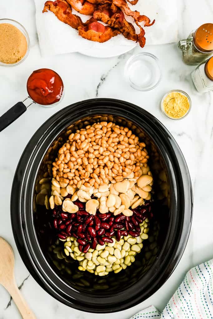 Overhead image of different types of bens in slow cooker