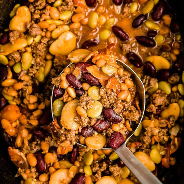 Overhead image of Calico Beans in slow cooker