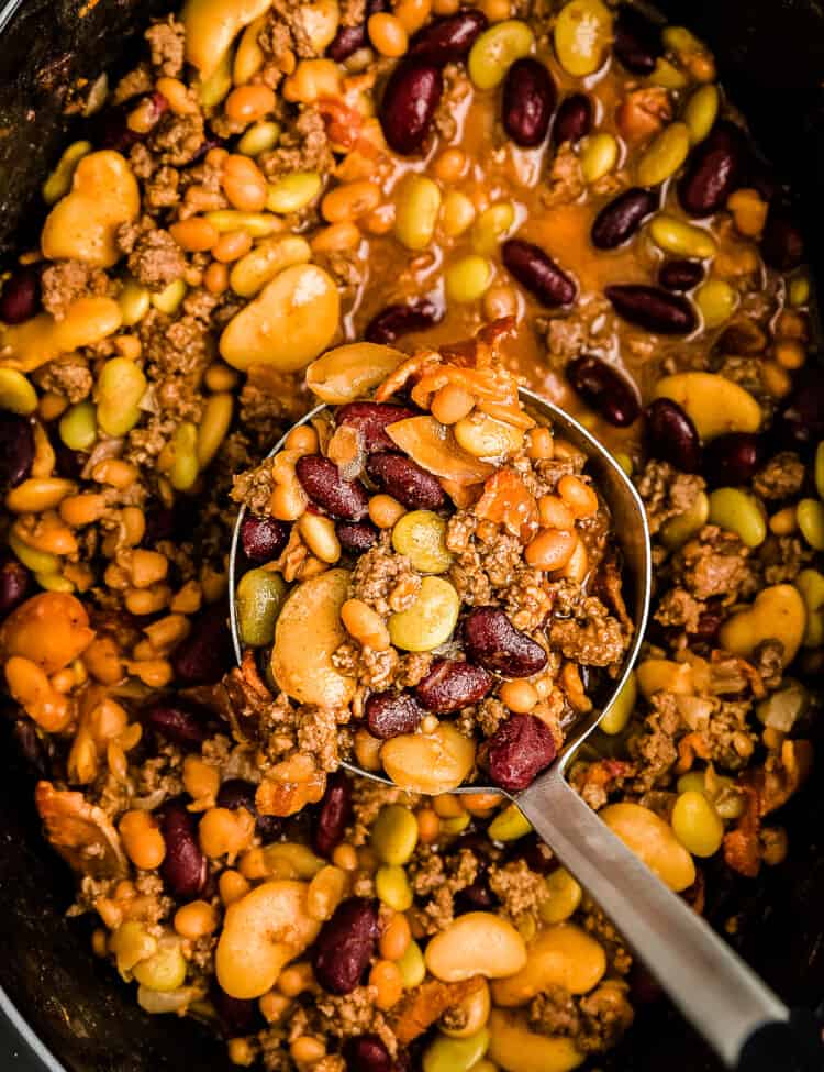 Overhead image of Calico Beans in slow cooker