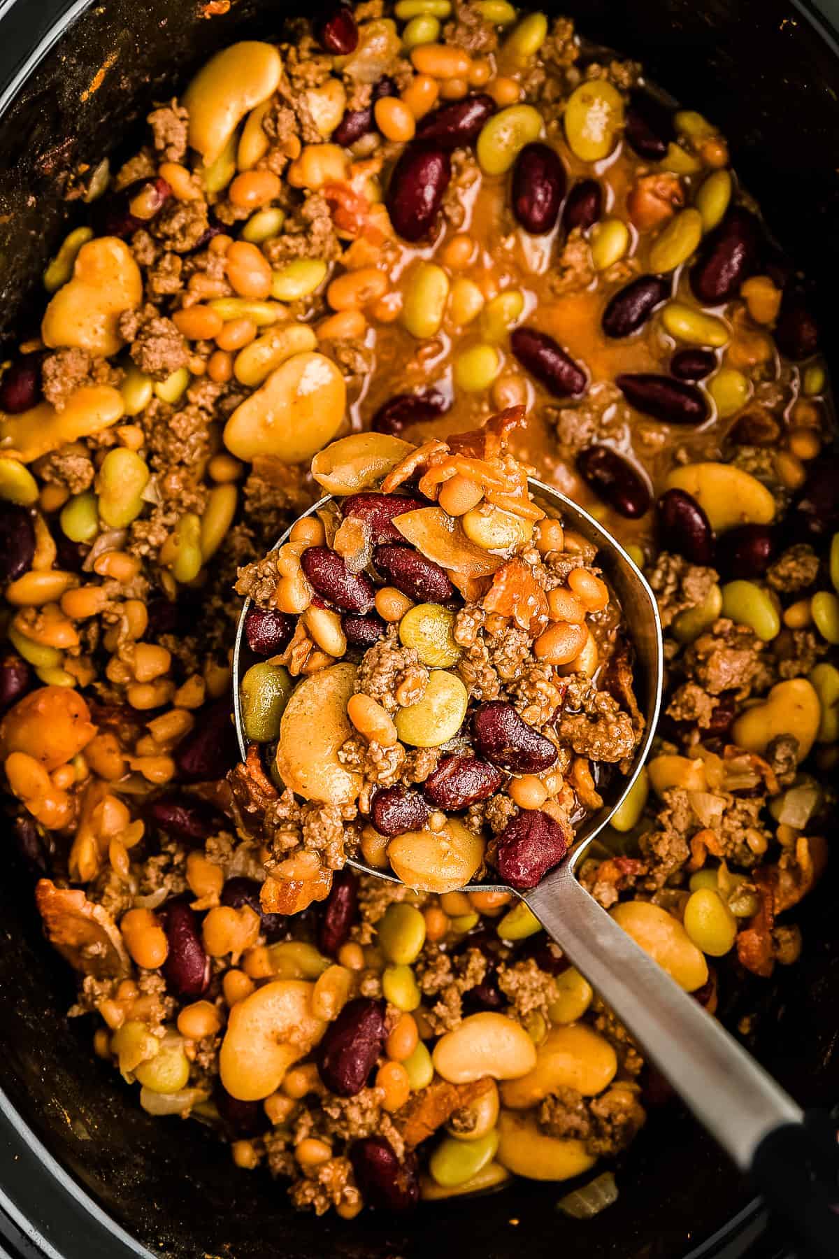 Overhead image of Calico Beans in slow cooker