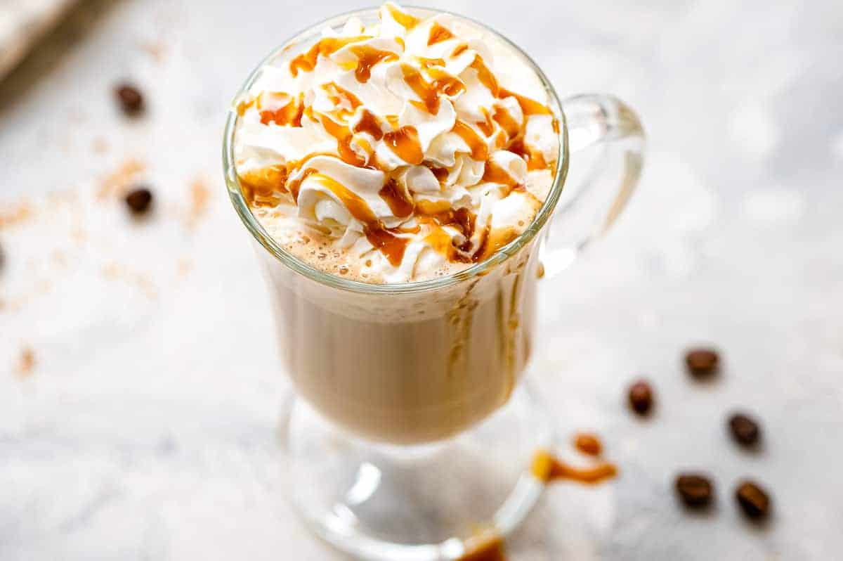 Glass mug with homemade caramel latte