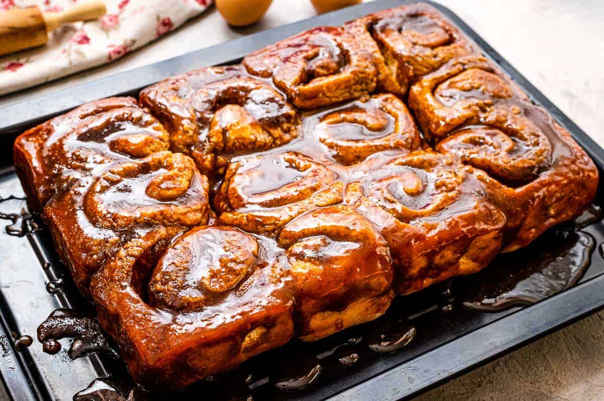 Pan of baked caramel rolls