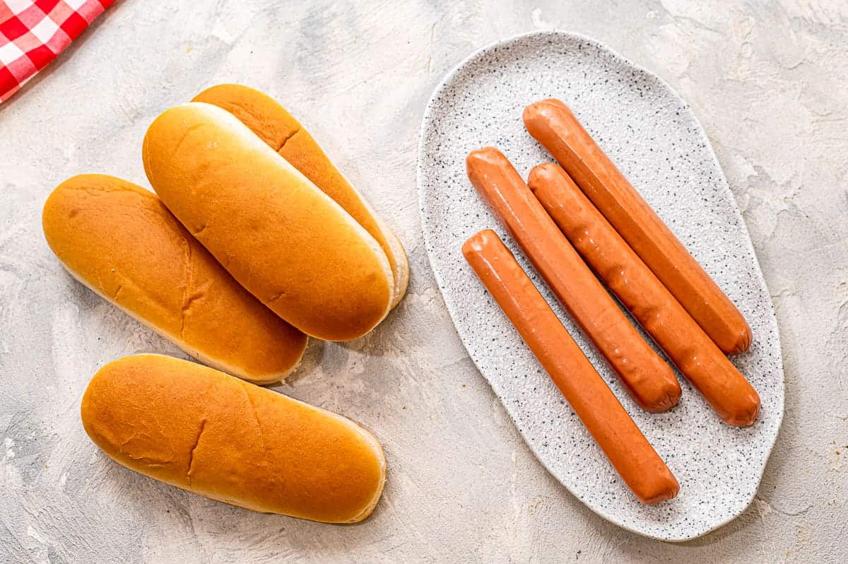 Overhead image of ingredients to make Air Fryer Hot Dogs