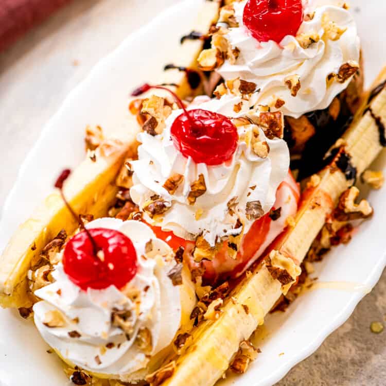 Banana Split in a white serving dish