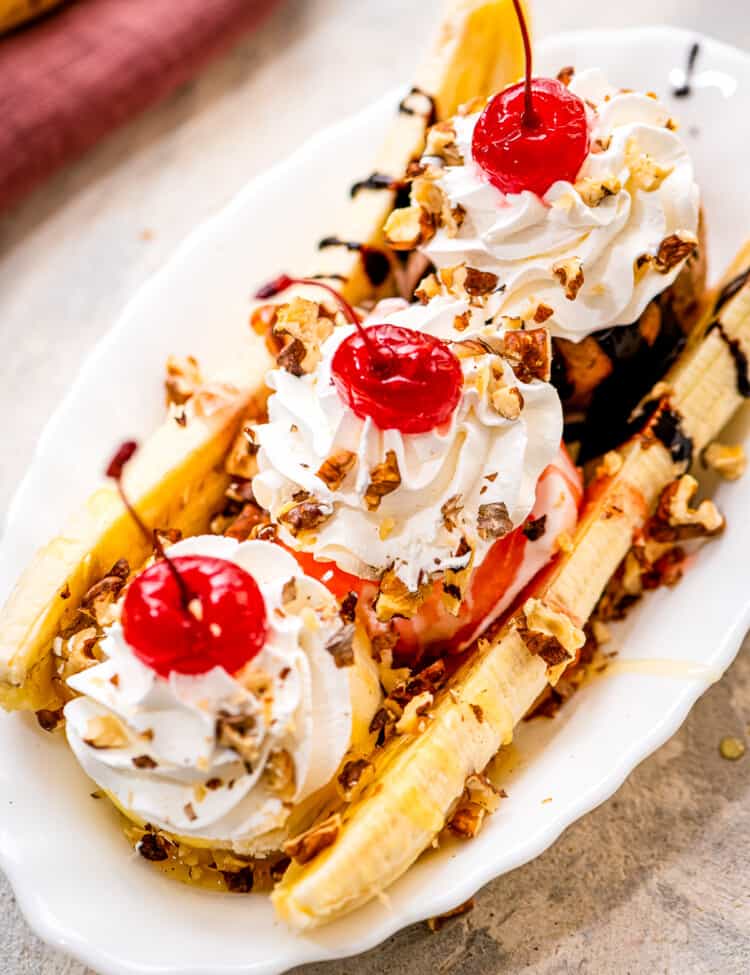 Banana Split in a white serving dish