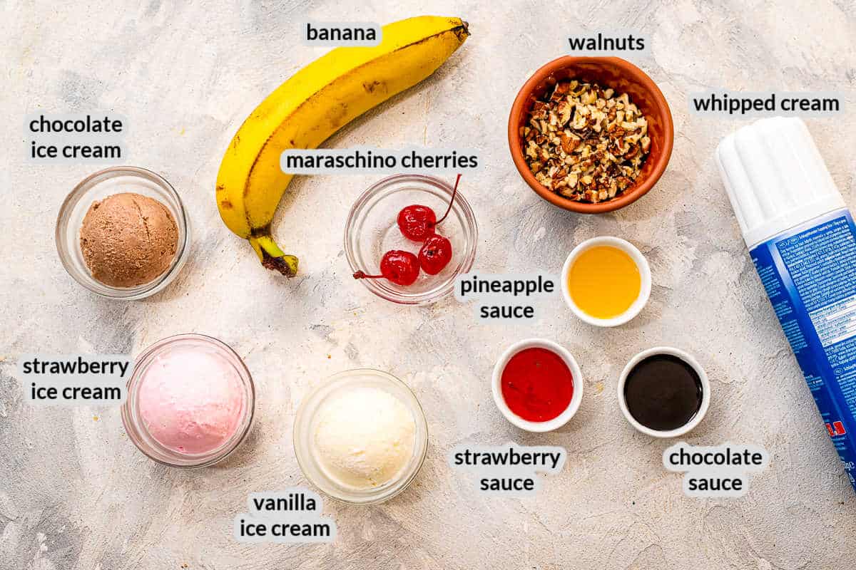 Overhead Image of Banana Splits Ingredients