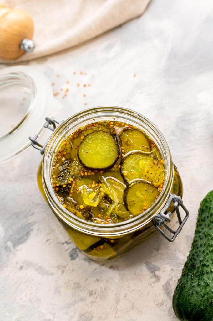Mason jar with bread and butter pickles