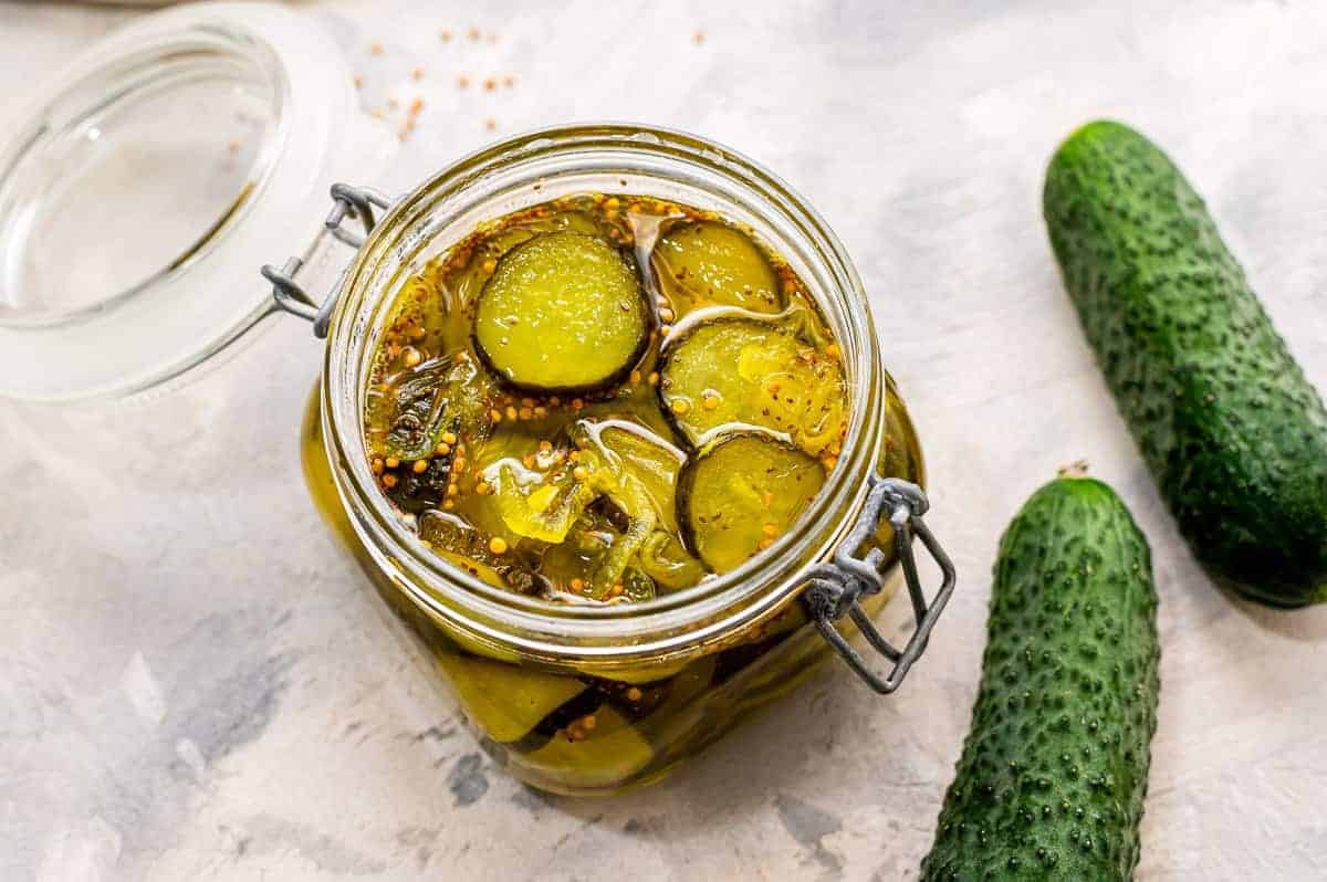 Overhead image of jar of Bread and Butter Pickles