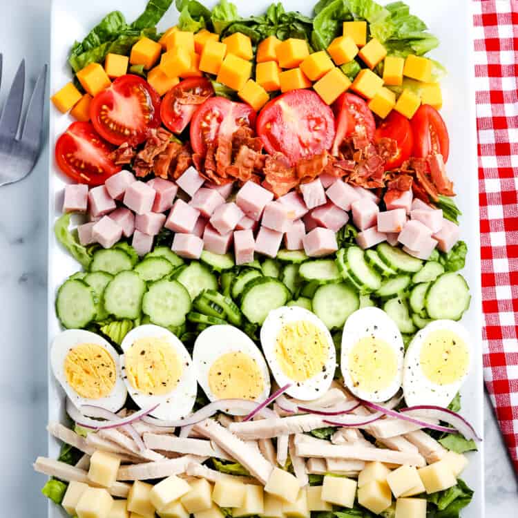 Overhead image of white rectangle platter with Chef Salad