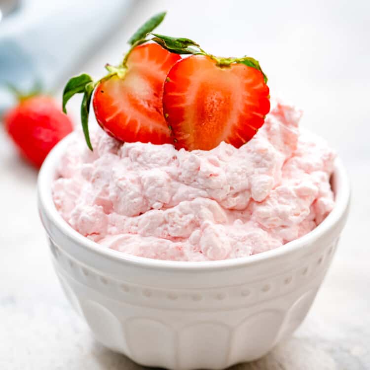 Small white bowl with Cottage Cheese Jello Salad