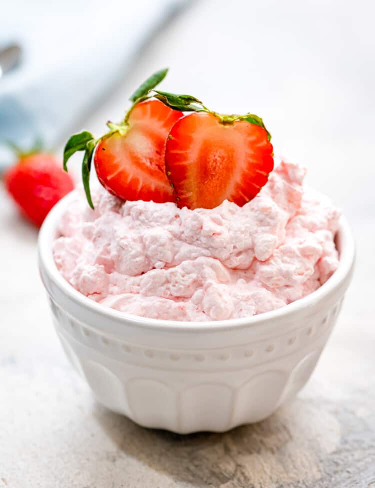 Small white bowl with Cottage Cheese Jello Salad